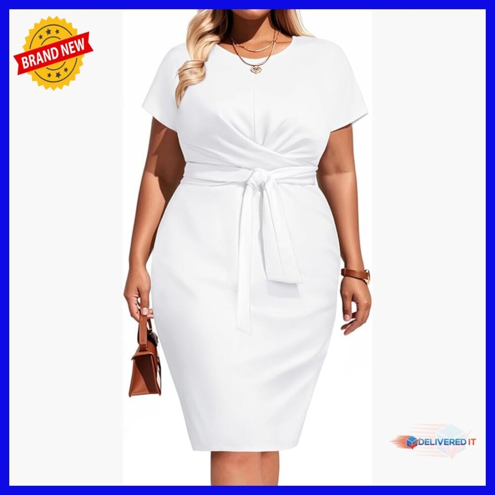 Plus Size Work Dress Tie Front Waist Belted Pencil Knee Length